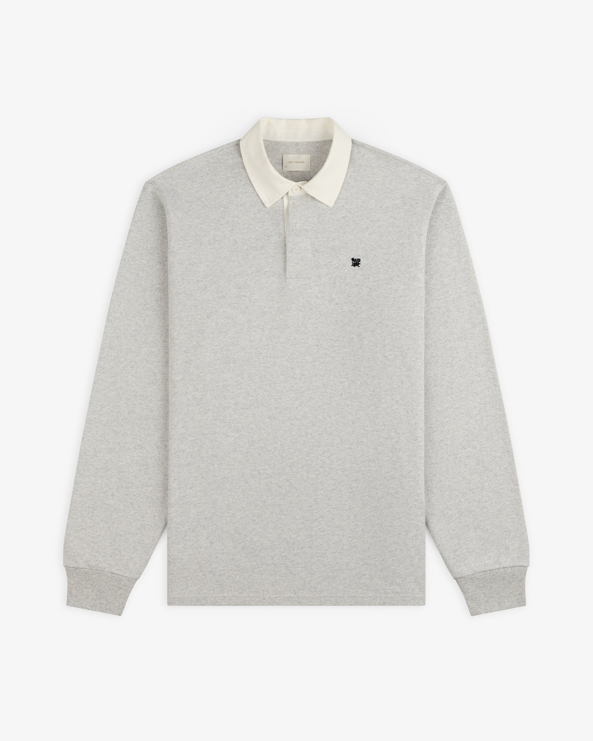 Crest Rugby: Light gray long-sleeve polo with white collar and black left-chest logo.