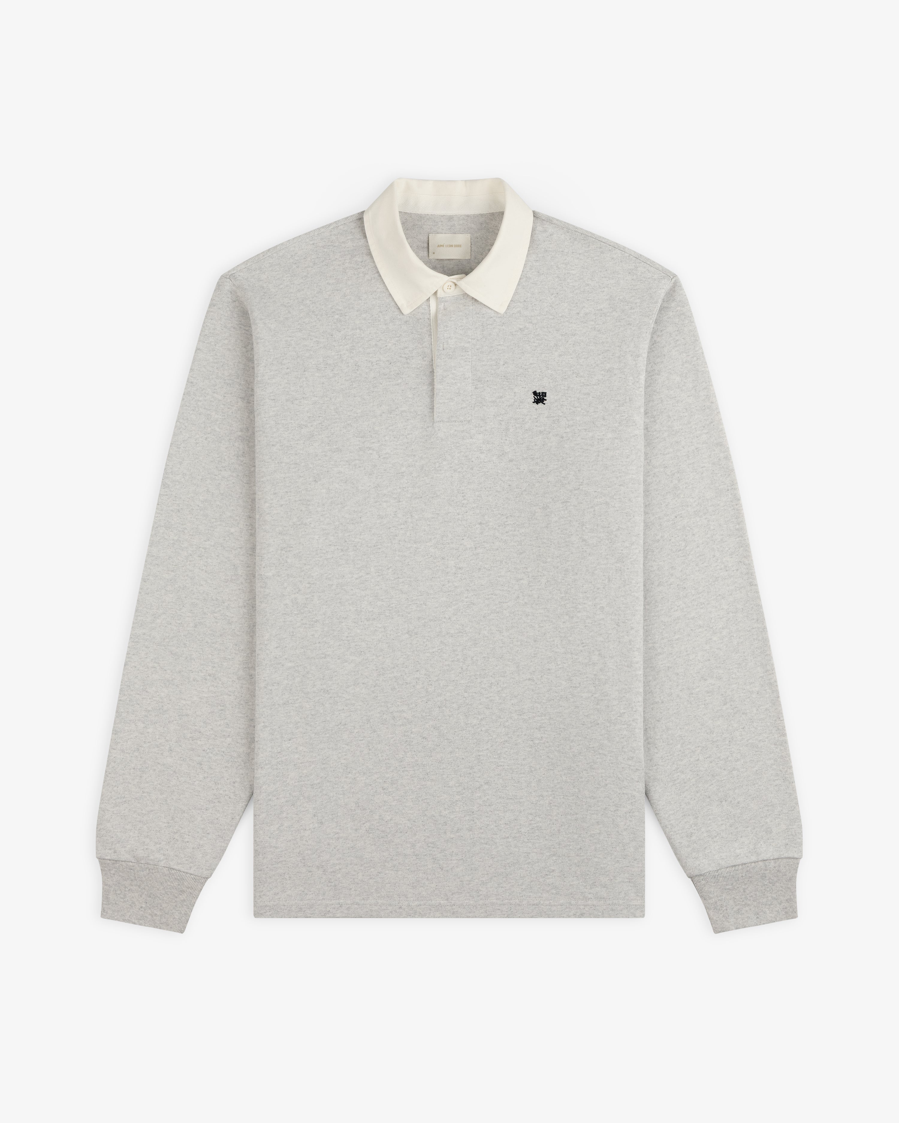 Crest Rugby: Light gray long-sleeve polo with white collar and black left-chest logo.