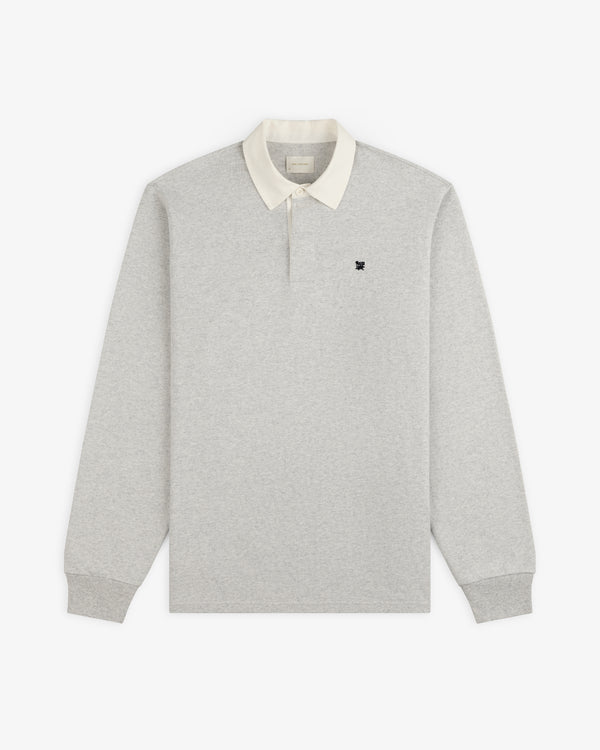 Crest Rugby: Light gray long-sleeve polo with white collar and black left-chest logo.