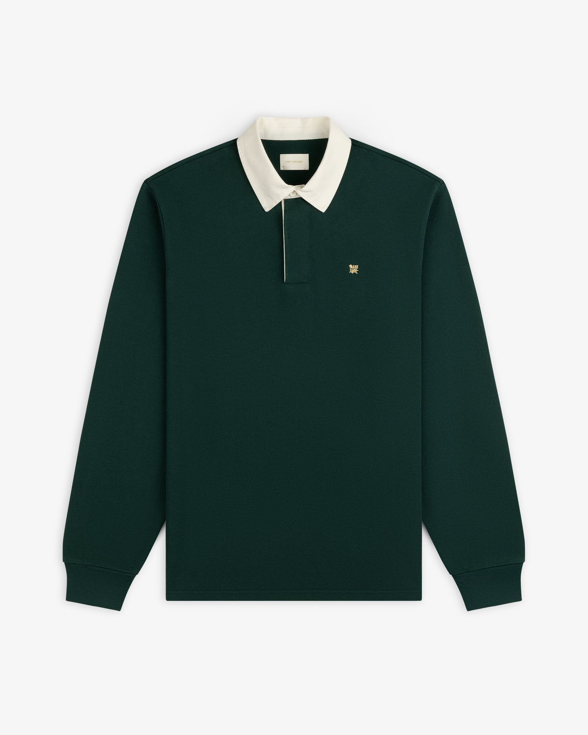 Crest Rugby: Dark green long-sleeve polo with white collar, embroidered chest logo, on white background.