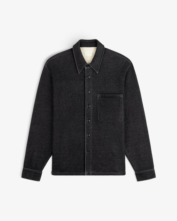 Terry Lounge Shirt: a black long-sleeve button-down with a collar, single chest pocket, and textured fabric.