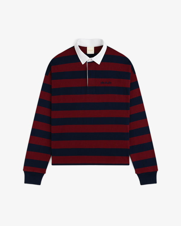 Striped Script Rugby long-sleeve shirt with horizontal navy and maroon stripes, a white collar, and chest embroidery.