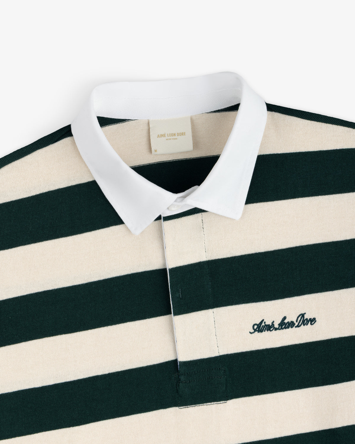 Striped Script Rugby shirt in green and cream with a white collar and an embroidered script logo.