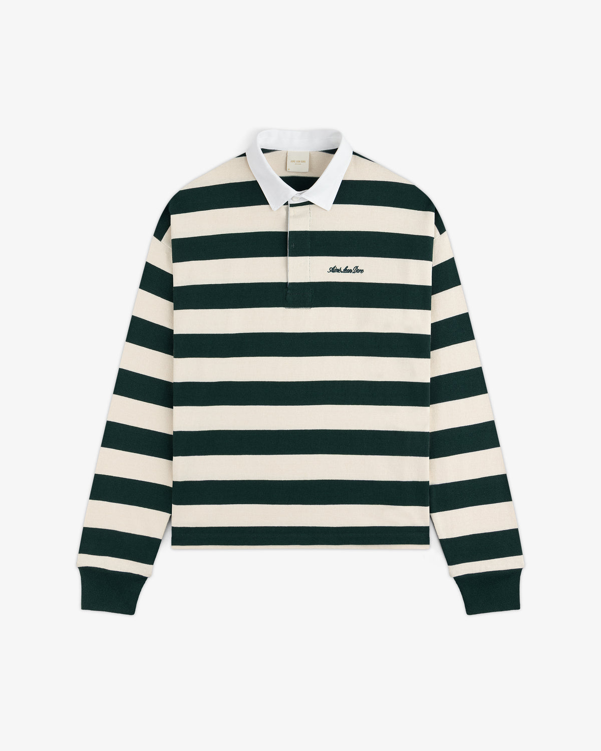 Striped Script Rugby long-sleeve shirt with dark green and cream horizontal stripes, a white collar, and chest embroidery.
