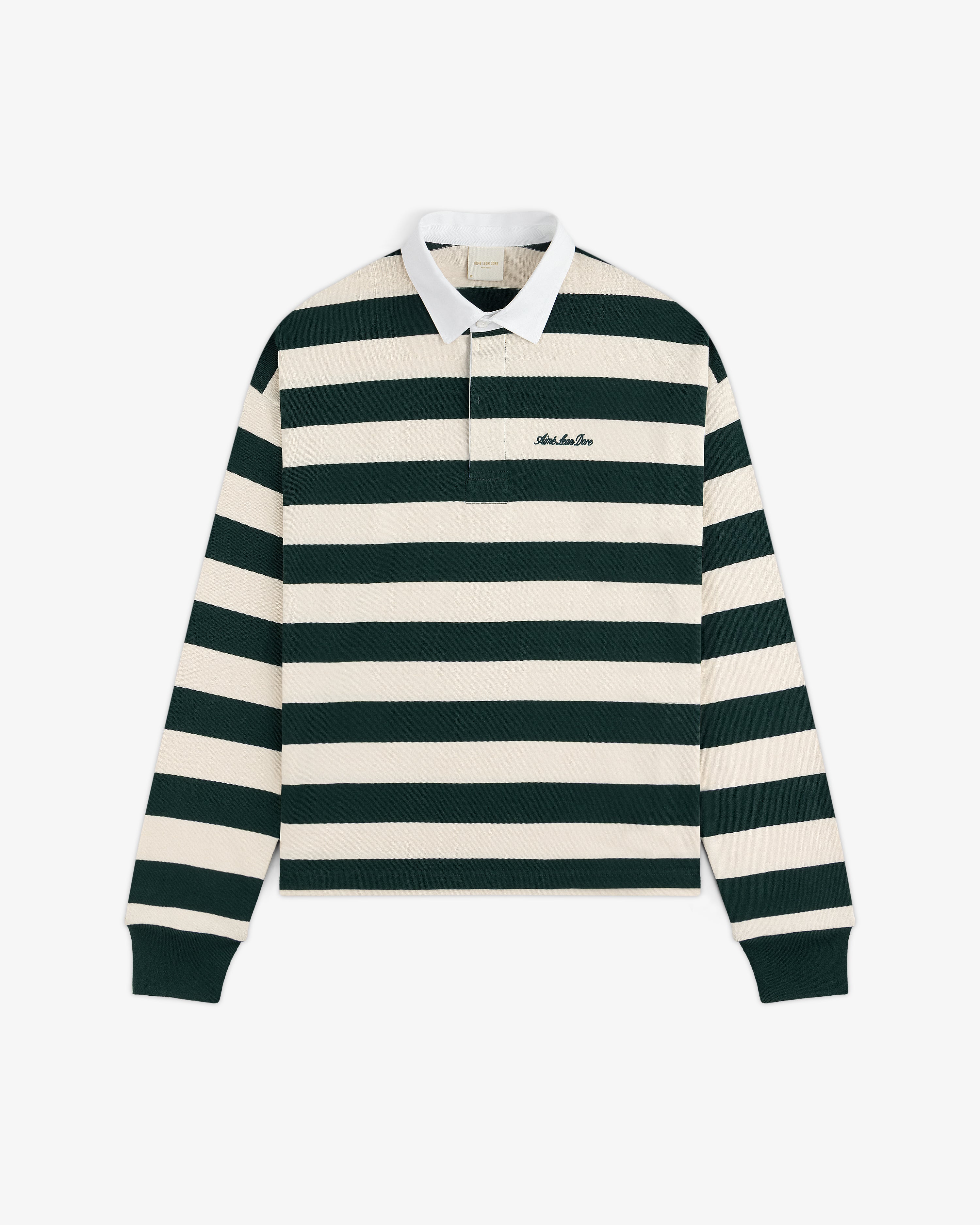 Striped Script Rugby long-sleeve shirt with dark green and cream horizontal stripes, a white collar, and chest embroidery.