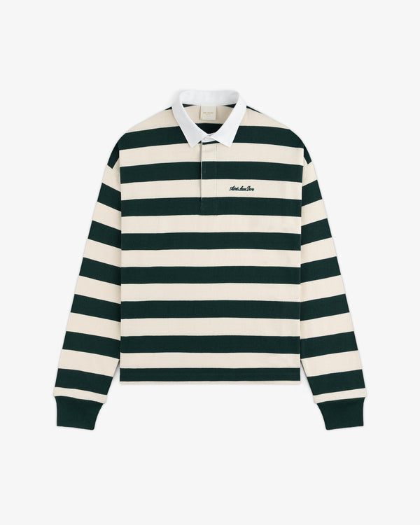 Striped Script Rugby long-sleeve shirt with dark green and cream horizontal stripes, a white collar, and chest embroidery.