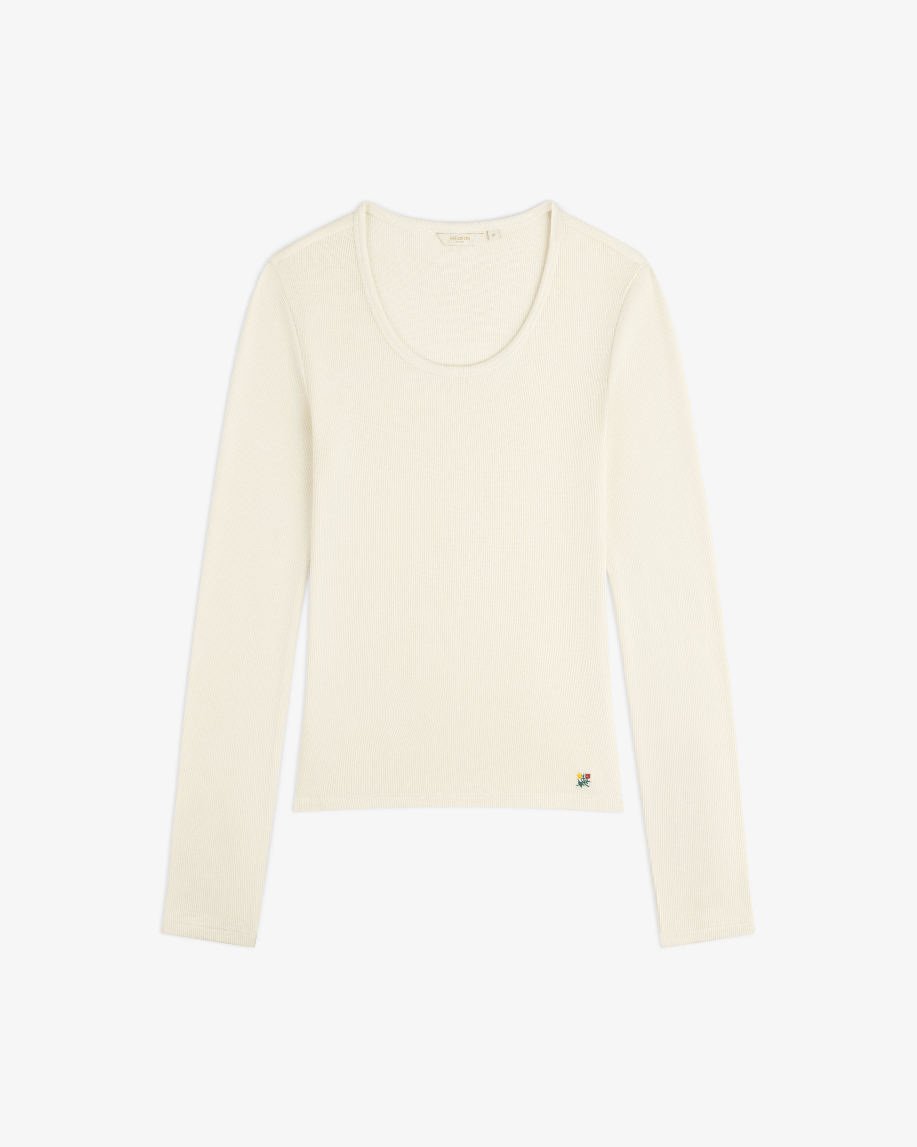 Cream-colored Ribbed Scoop Neck Long-Sleeve Tee with a small colorful logo near the hem.