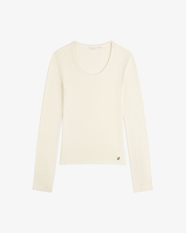 Cream-colored Ribbed Scoop Neck Long-Sleeve Tee with a small colorful logo near the hem.