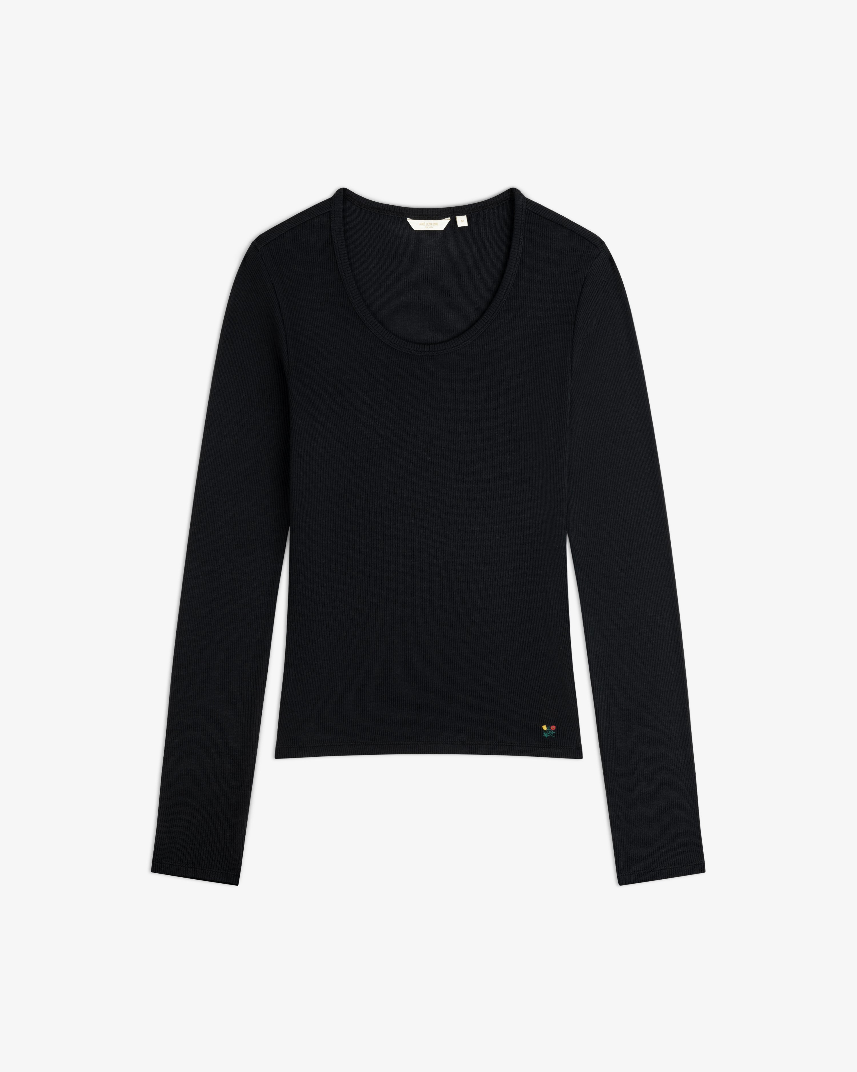 Black Ribbed Scoop Neck Long-Sleeve Tee with small floral embroidery near the hem.