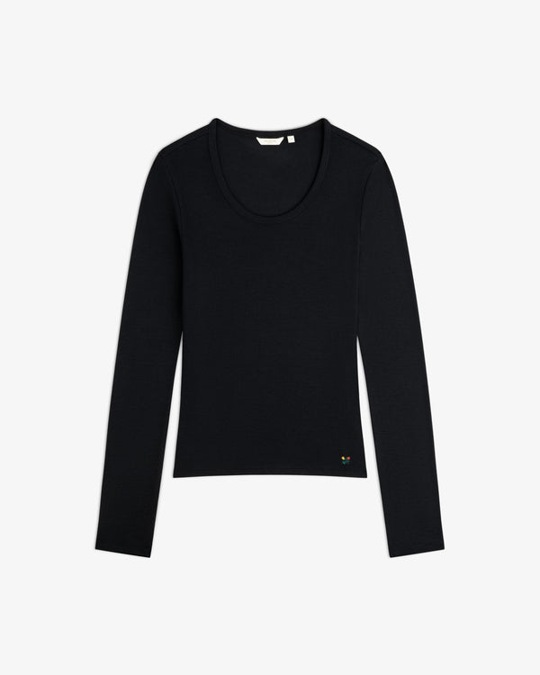 Black Ribbed Scoop Neck Long-Sleeve Tee with small floral embroidery near the hem.