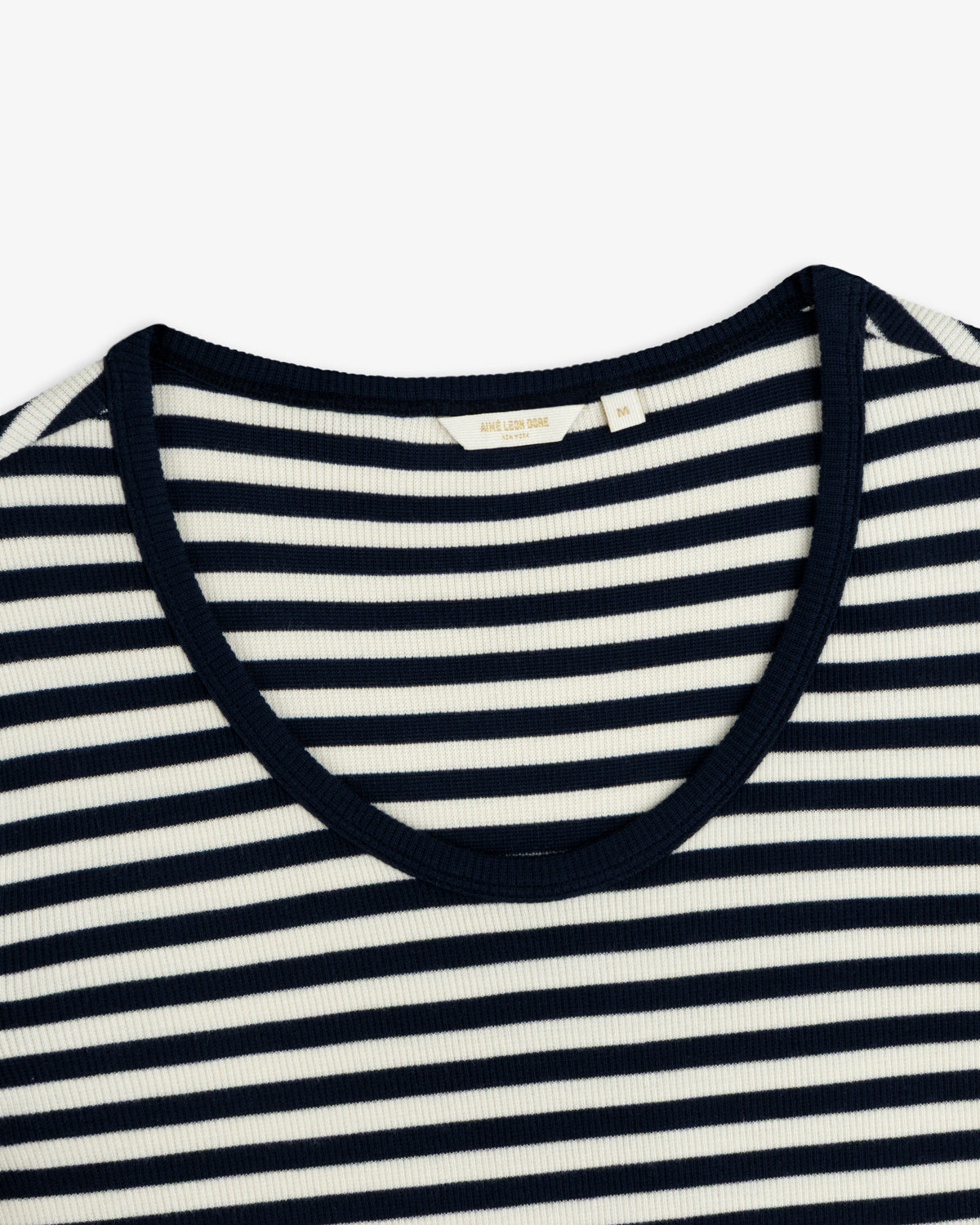 Ribbed Scoop Neck Long-Sleeve Tee in a navy and white striped design with a scoop neckline.