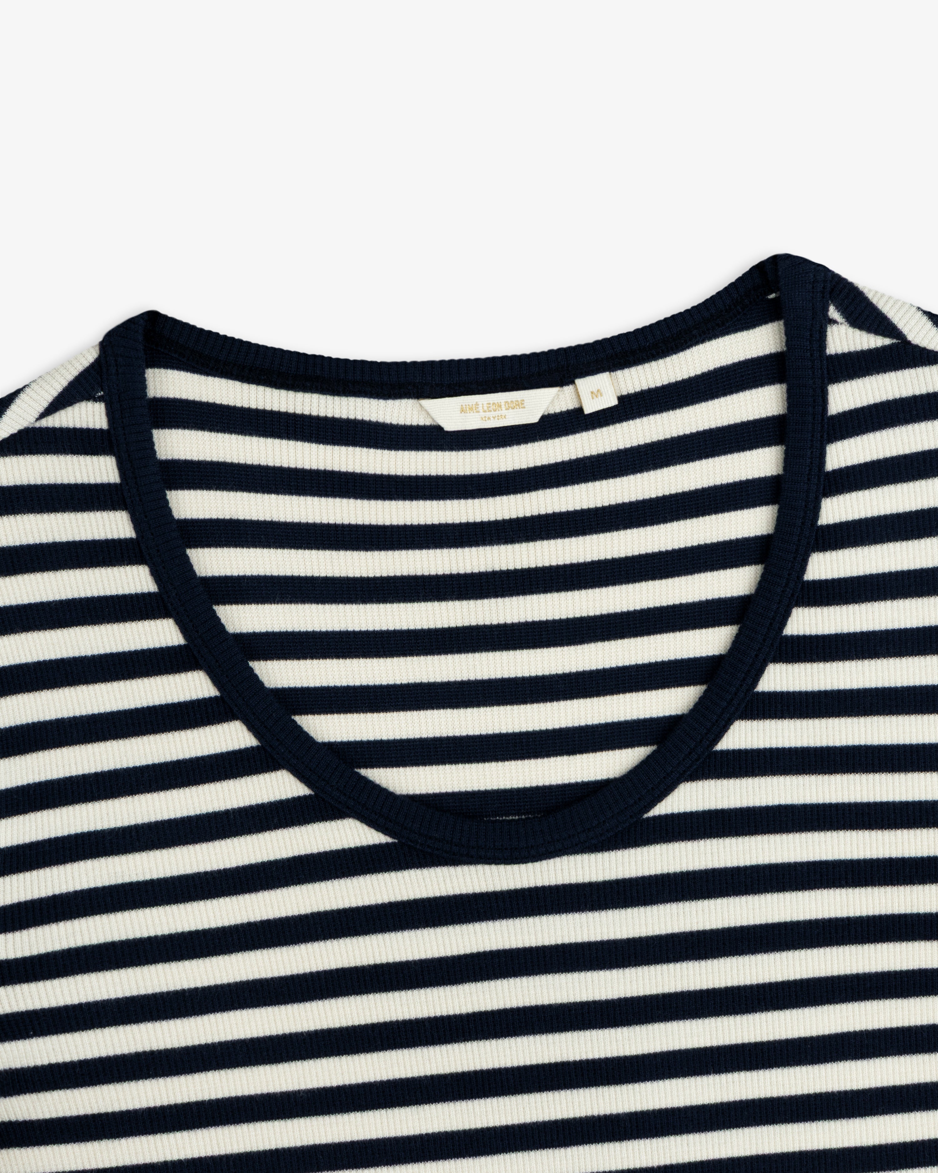 Ribbed Scoop Neck Long-Sleeve Tee in a navy and white striped design with a scoop neckline.
