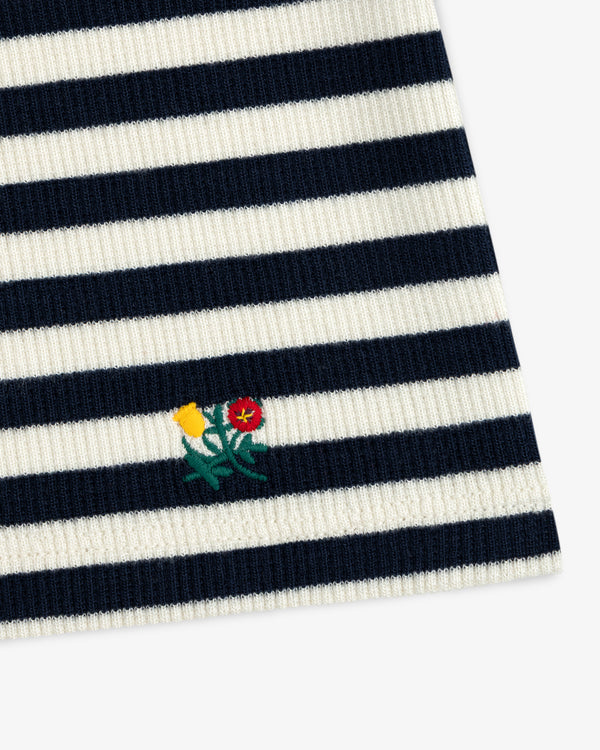 Ribbed Scoop Neck Long-Sleeve Tee in navy and white striped ribbed knit fabric with a small embroidered flower motif.