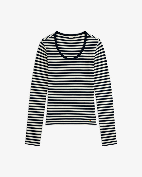 Ribbed Scoop Neck Long-Sleeve Tee with black and white horizontal stripes and a small embroidered heart on the bottom hem.