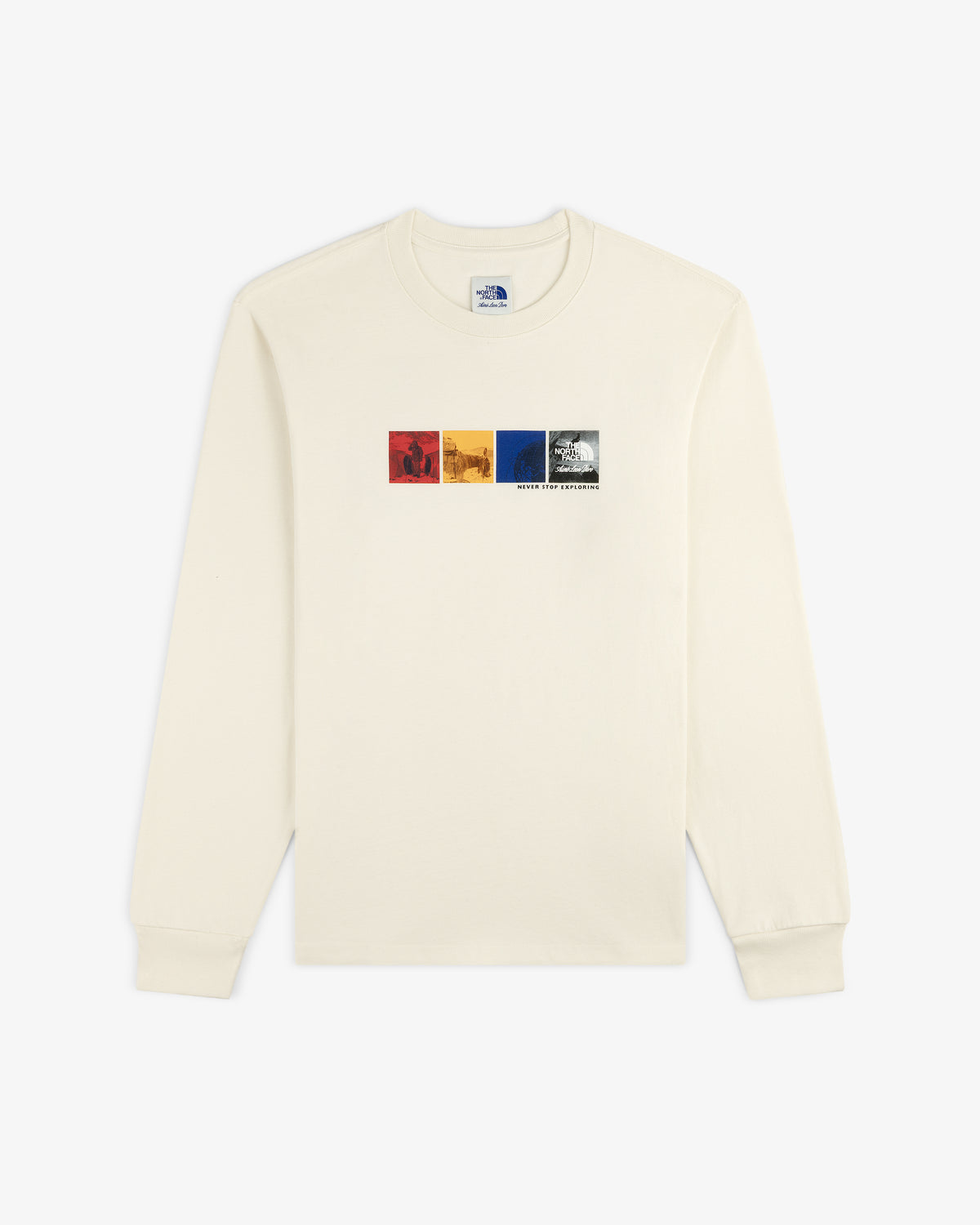 ALD / The North Face Long-Sleeve Explorer Tee in cream with four colored square graphics and chest logo.