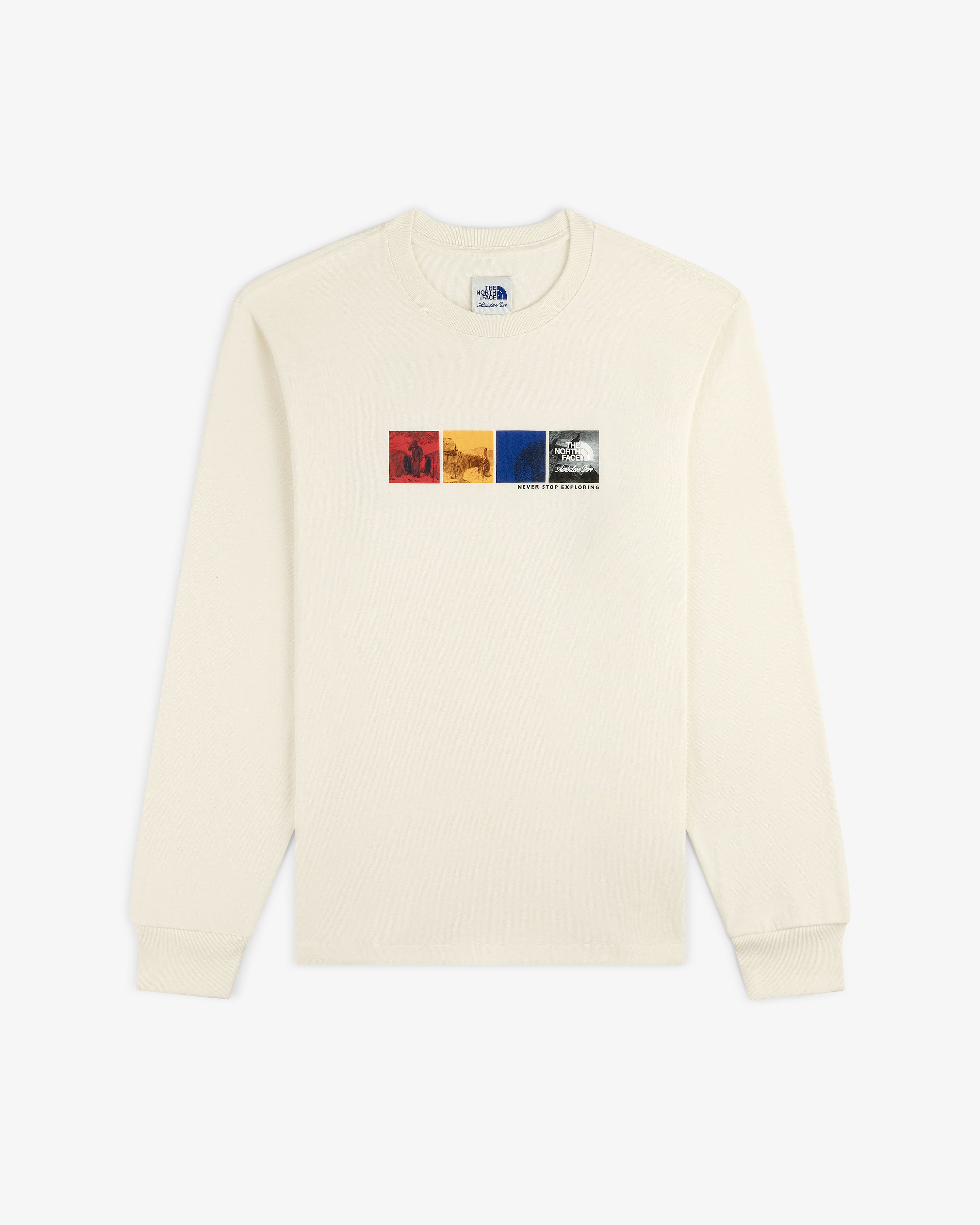 ALD / The North Face Long-Sleeve Explorer Tee in cream with four colored square graphics and chest logo.