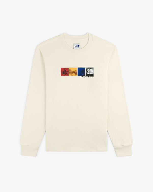 ALD / The North Face Long-Sleeve Explorer Tee in cream with four colored square graphics and chest logo.