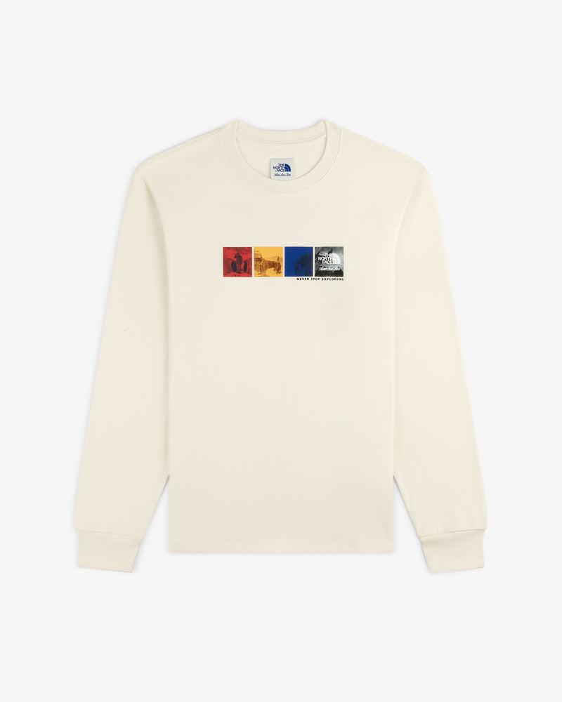 ALD / The North Face Long-Sleeve Explorer Tee in cream with four colored square graphics and chest logo.
