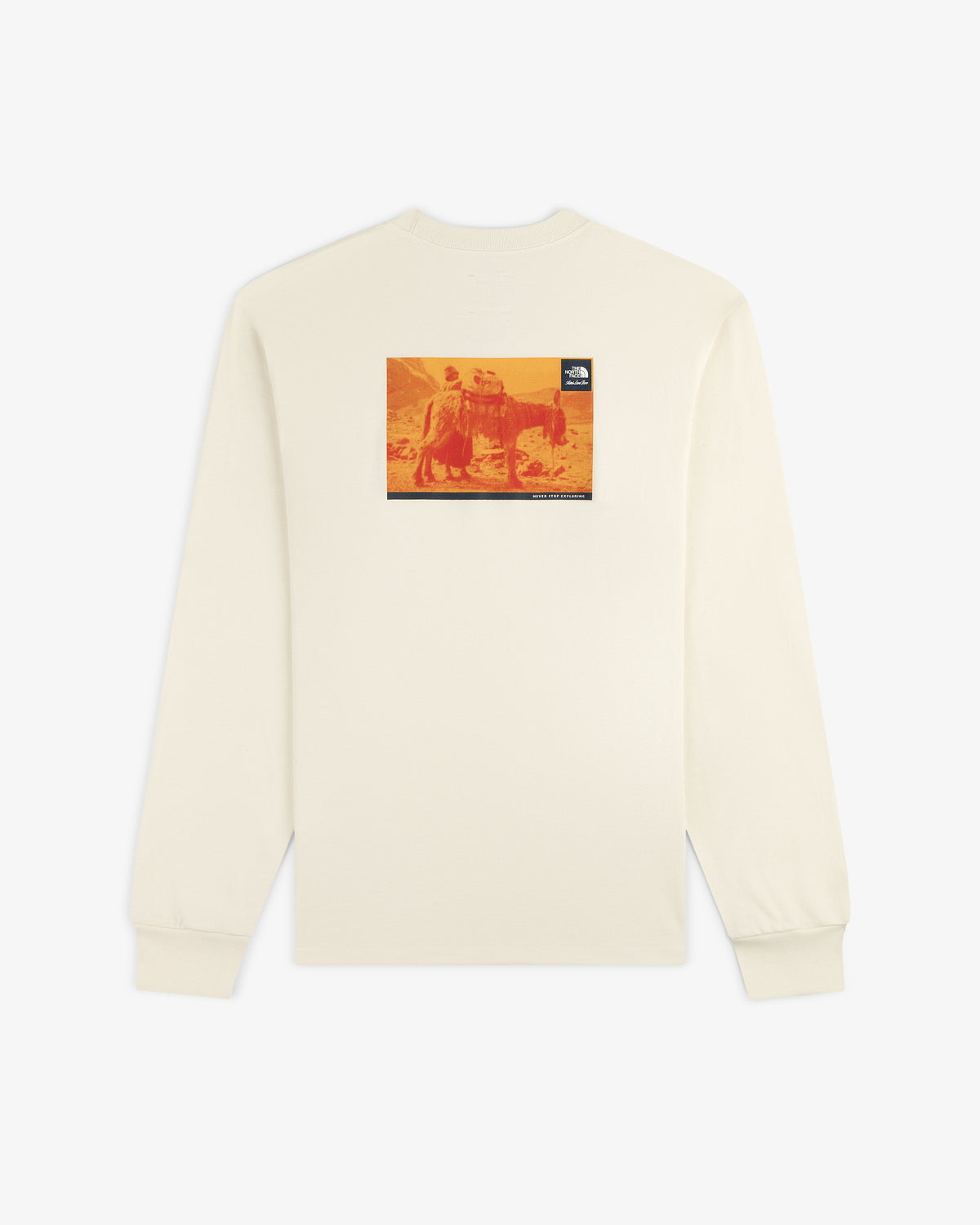 ALD / The North Face Long-Sleeve Explorer Tee in cream with an orange photo graphic and small black logo on the back.