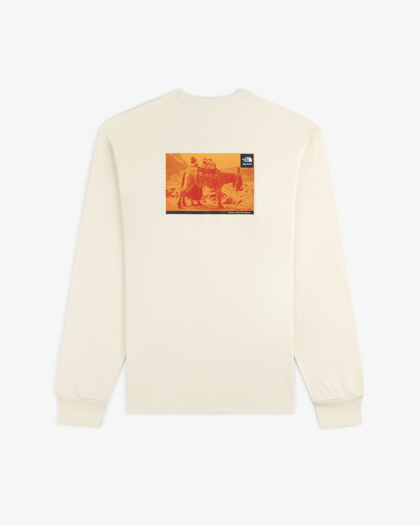 ALD / The North Face Long-Sleeve Explorer Tee in cream with an orange photo graphic and small black logo on the back.