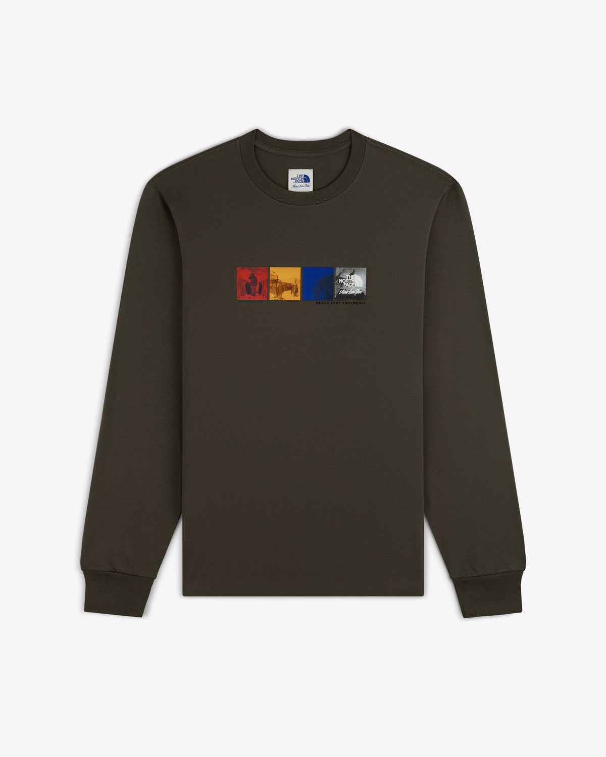 ALD / The North Face Long-Sleeve Explorer Tee in dark green with four colorful graphic squares on the chest.