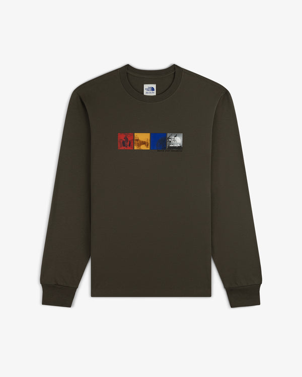 ALD / The North Face Long-Sleeve Explorer Tee in dark green with four colorful graphic squares on the chest.