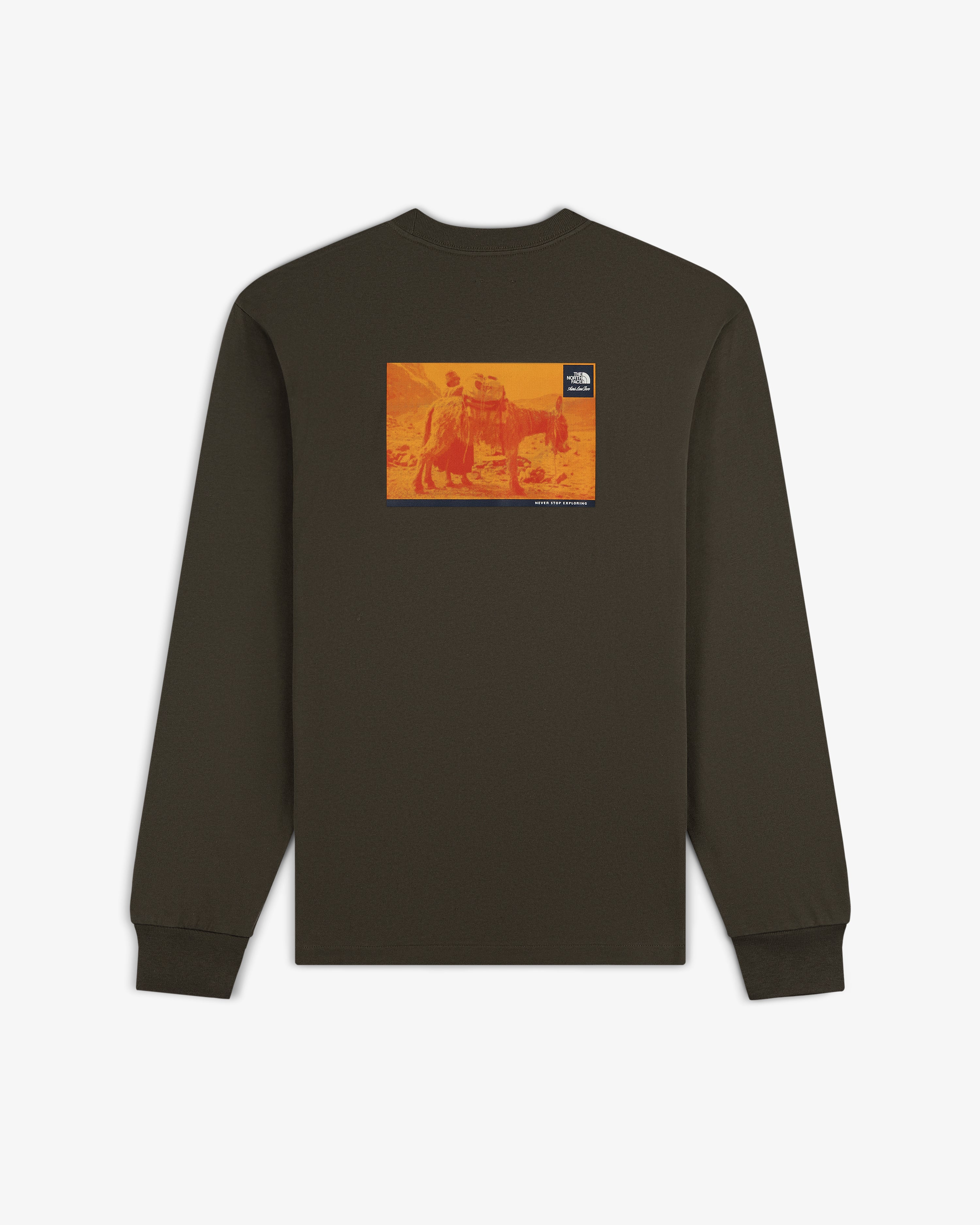ALD / The North Face Long-Sleeve Explorer Tee with orange rectangle graphic and logo patch on upper back.