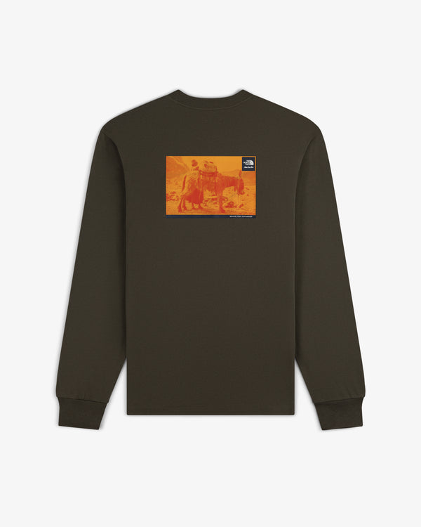 ALD / The North Face Long-Sleeve Explorer Tee with orange rectangle graphic and logo patch on upper back.