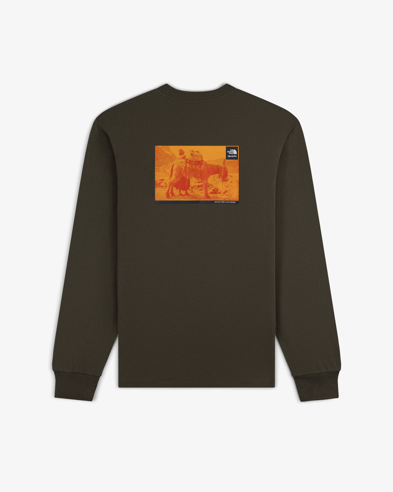 ALD / The North Face Long-Sleeve Explorer Tee with orange rectangle graphic and logo patch on upper back.