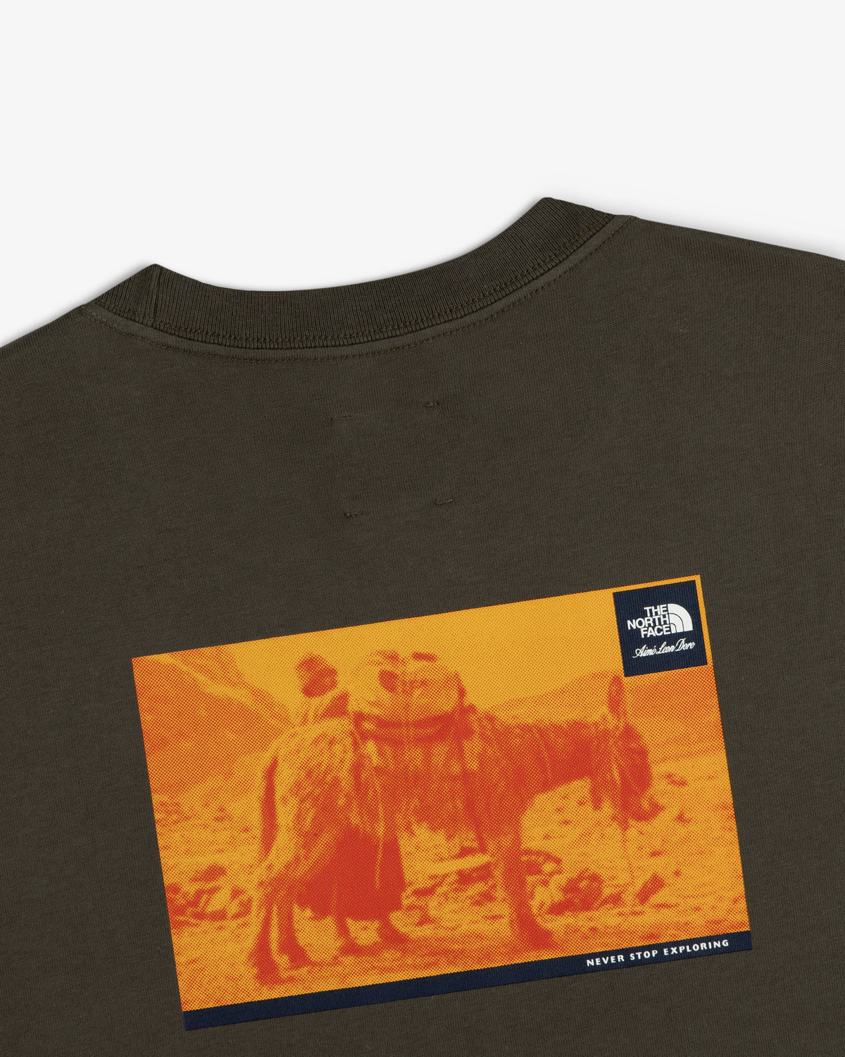 A graphic pack animal on orange landscape features on the ALD/The North Face Long-Sleeve Explorer Tee’s back.