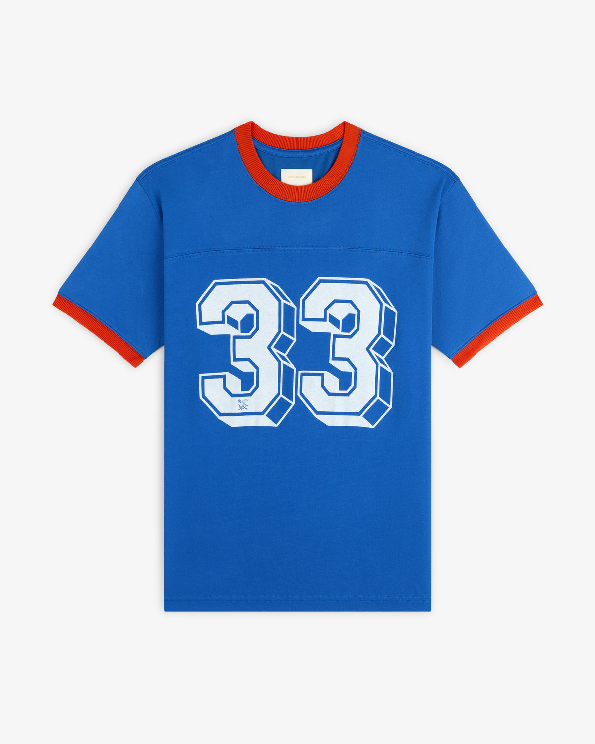 Blue Football Ringer Tee with orange trim and the number 33 in white on the front.