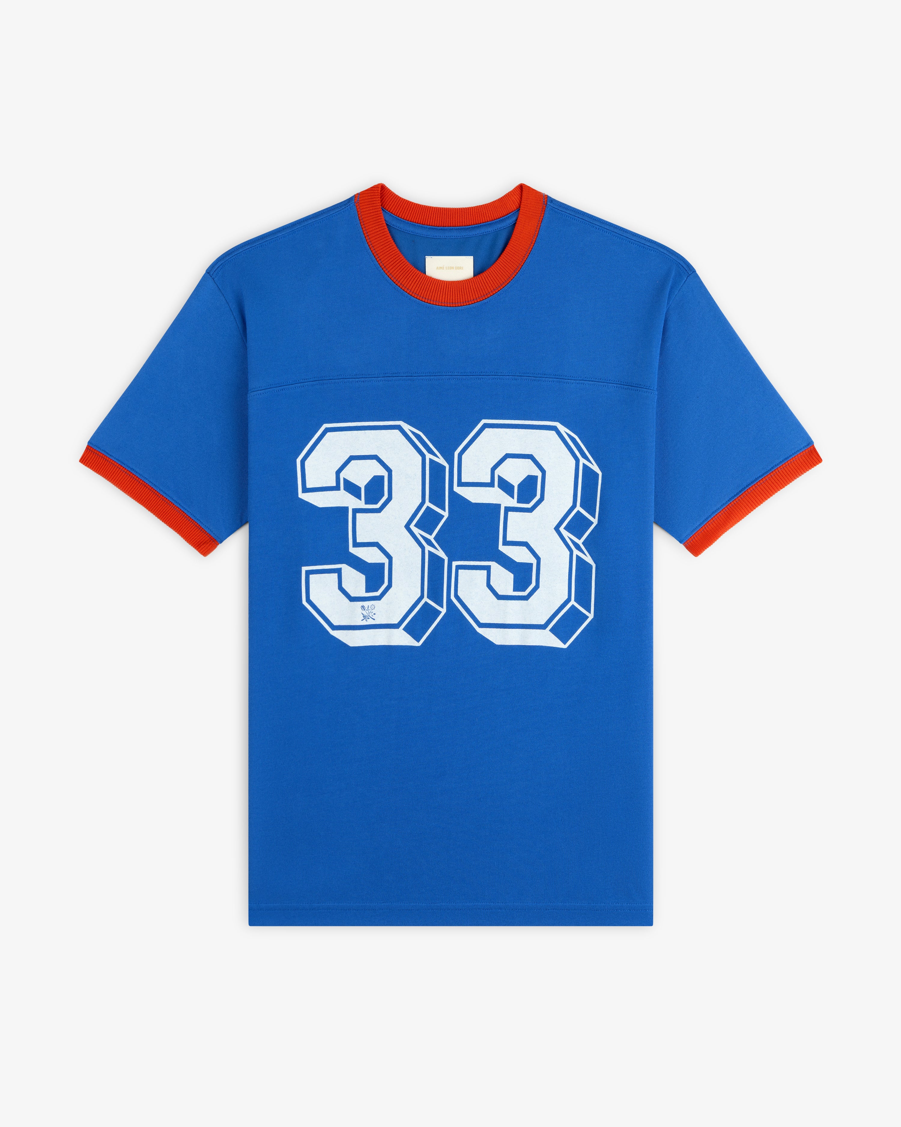 Blue Football Ringer Tee with orange trim and the number 33 in white on the front.