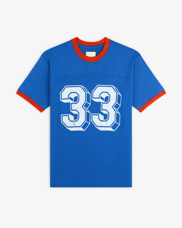Blue Football Ringer Tee with orange trim and the number 33 in white on the front.