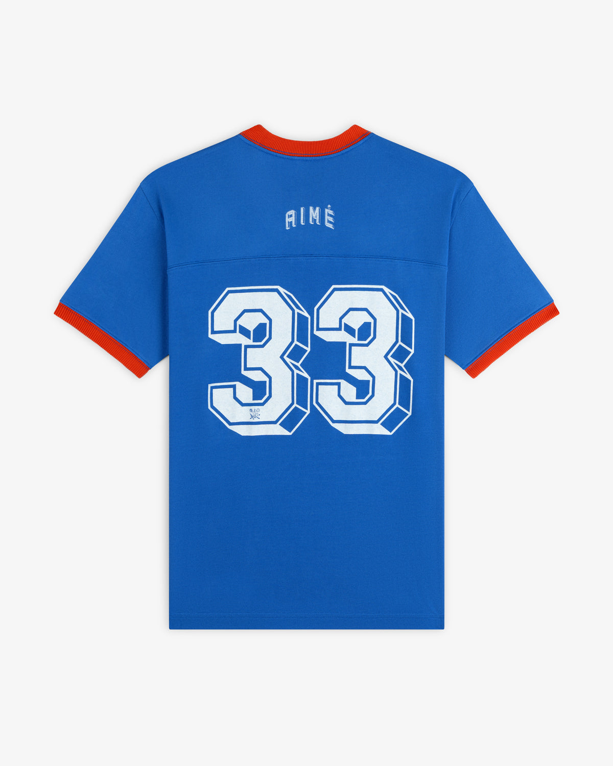Blue Football Ringer Tee with red trim, featuring AIME and the number 33 in white on the back.