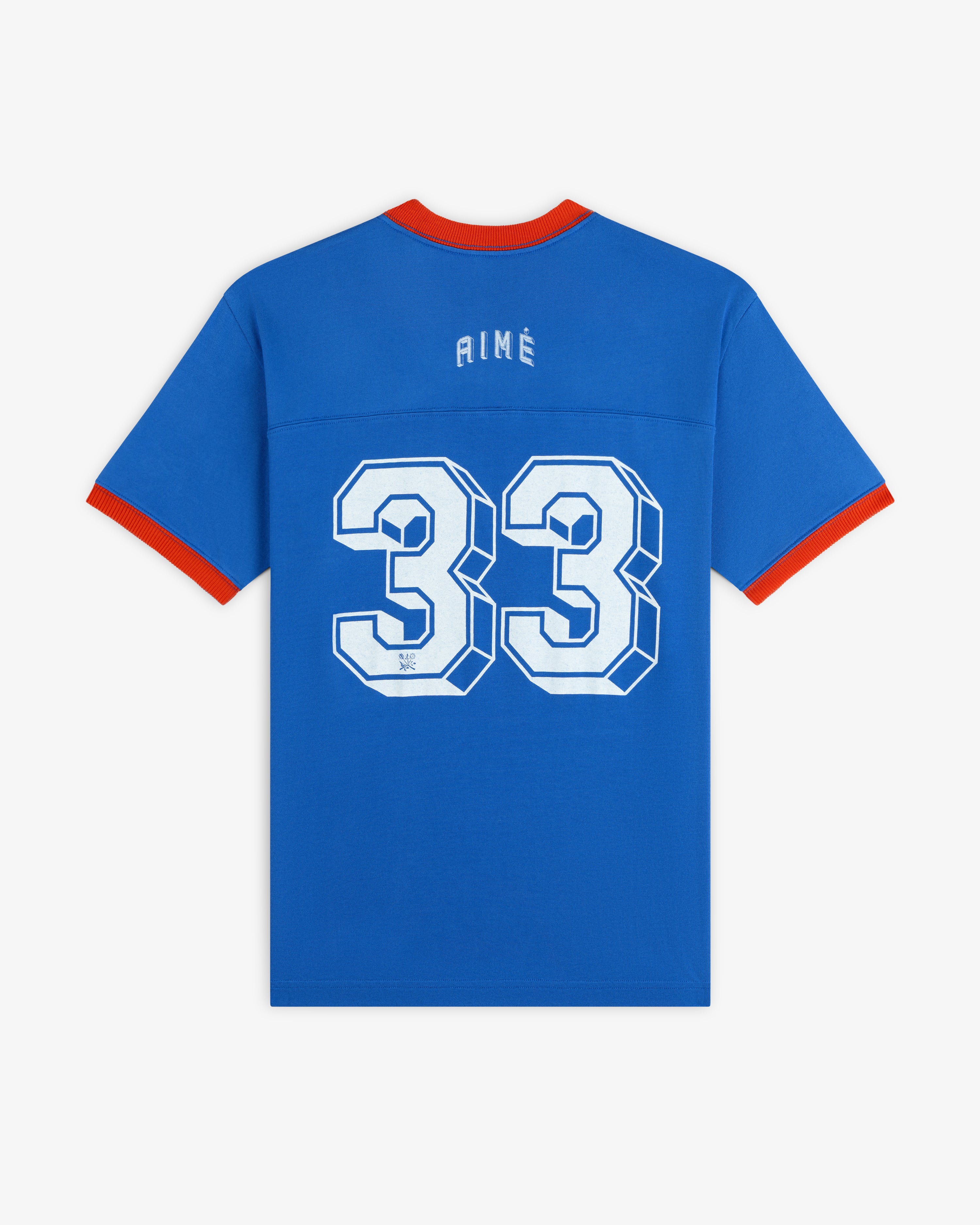 Blue Football Ringer Tee with red trim, featuring AIME and the number 33 in white on the back.