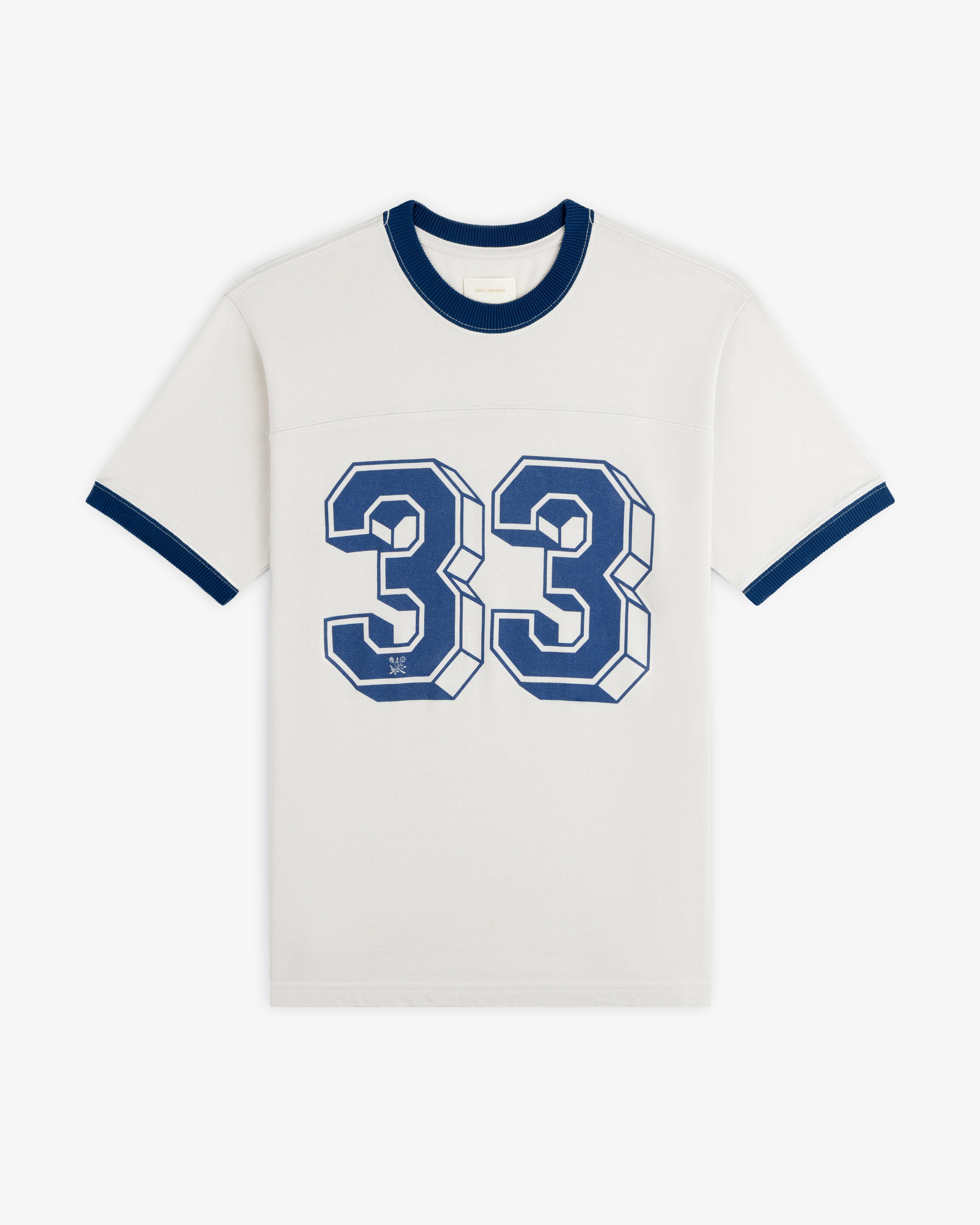 Football Ringer Tee in cream with dark blue trim and the number 33 in blue on the chest.