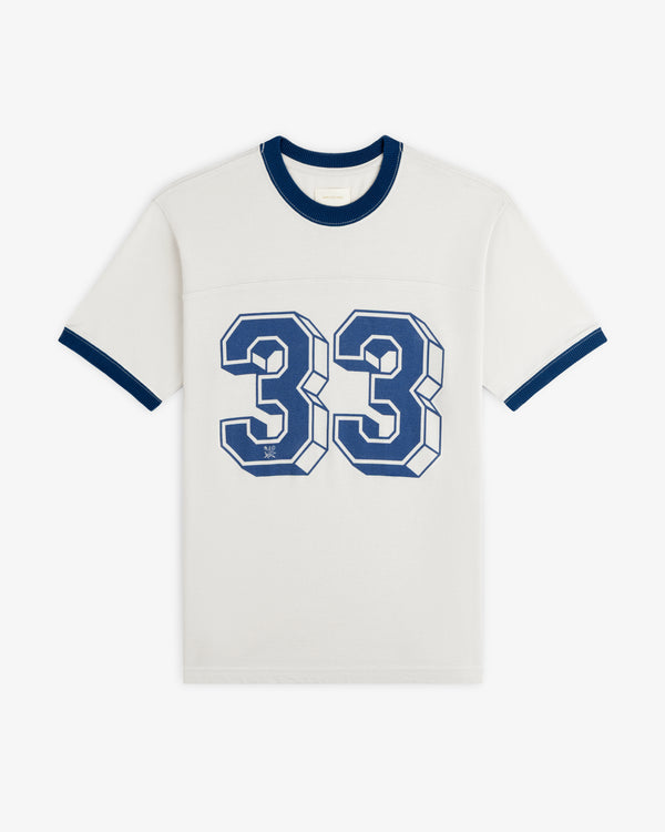 Football Ringer Tee in cream with dark blue trim and the number 33 in blue on the chest.