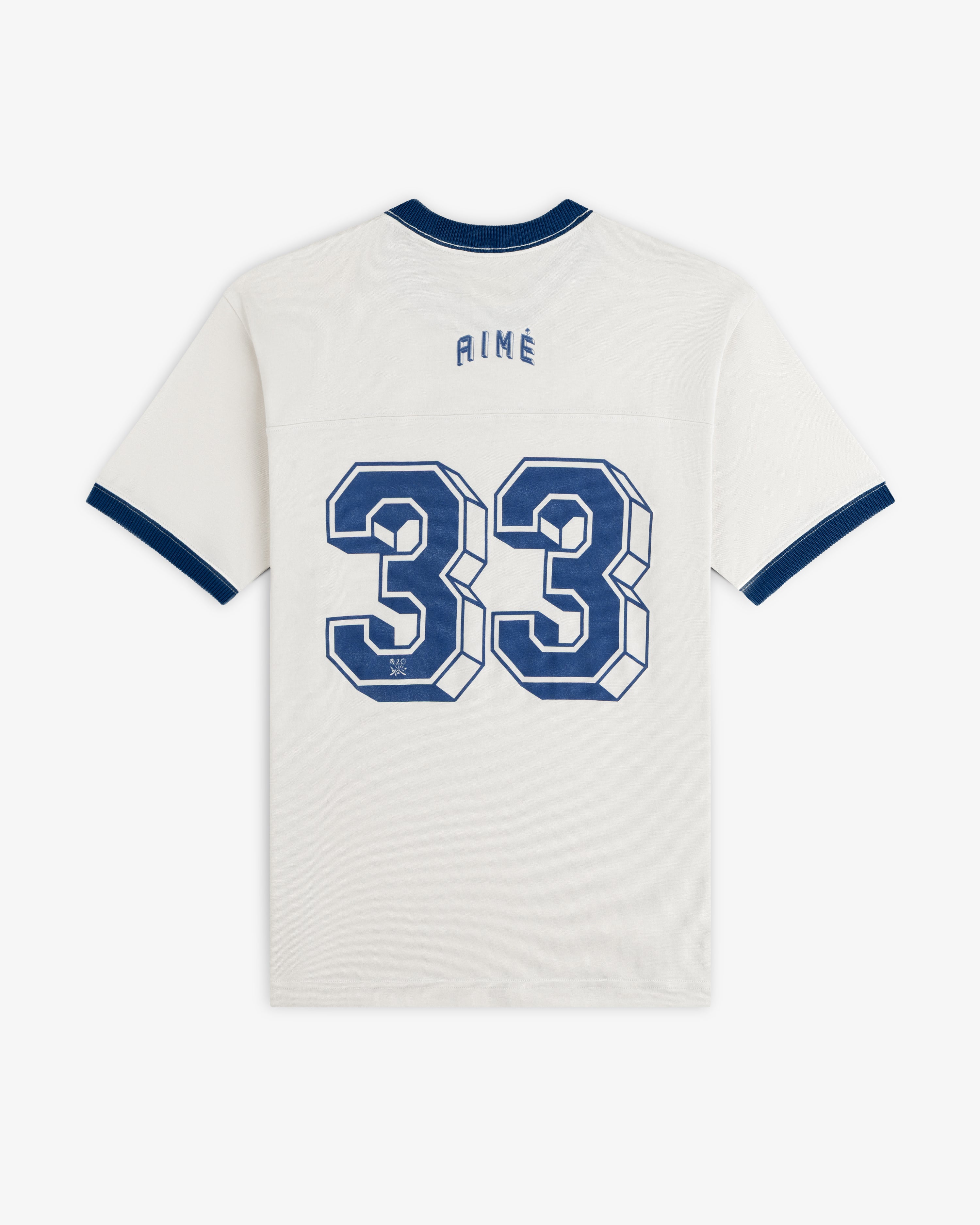 Off-white Football Ringer Tee with blue trim, the number 33, and the word Aime on the back.