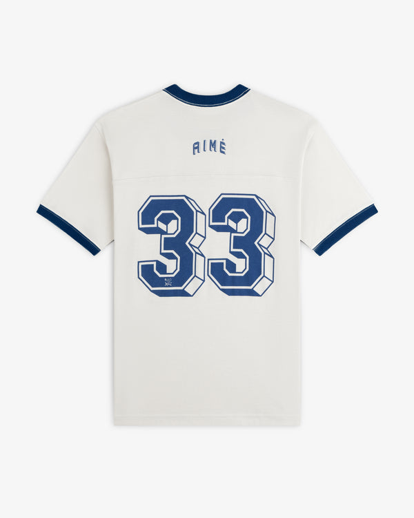 Off-white Football Ringer Tee with blue trim, the number 33, and the word Aime on the back.