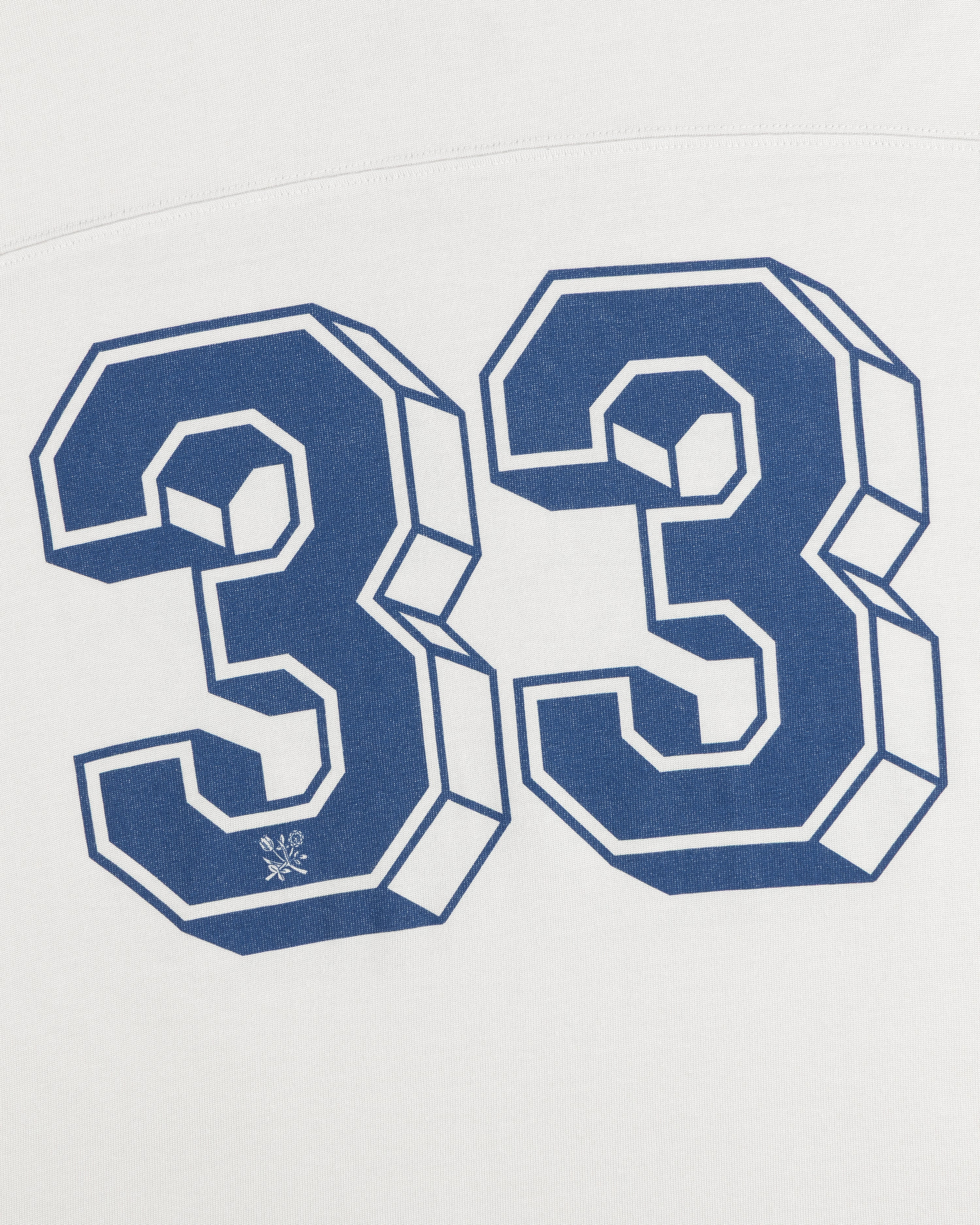 Blue block-style number 33 printed on a white Football Ringer Tee.