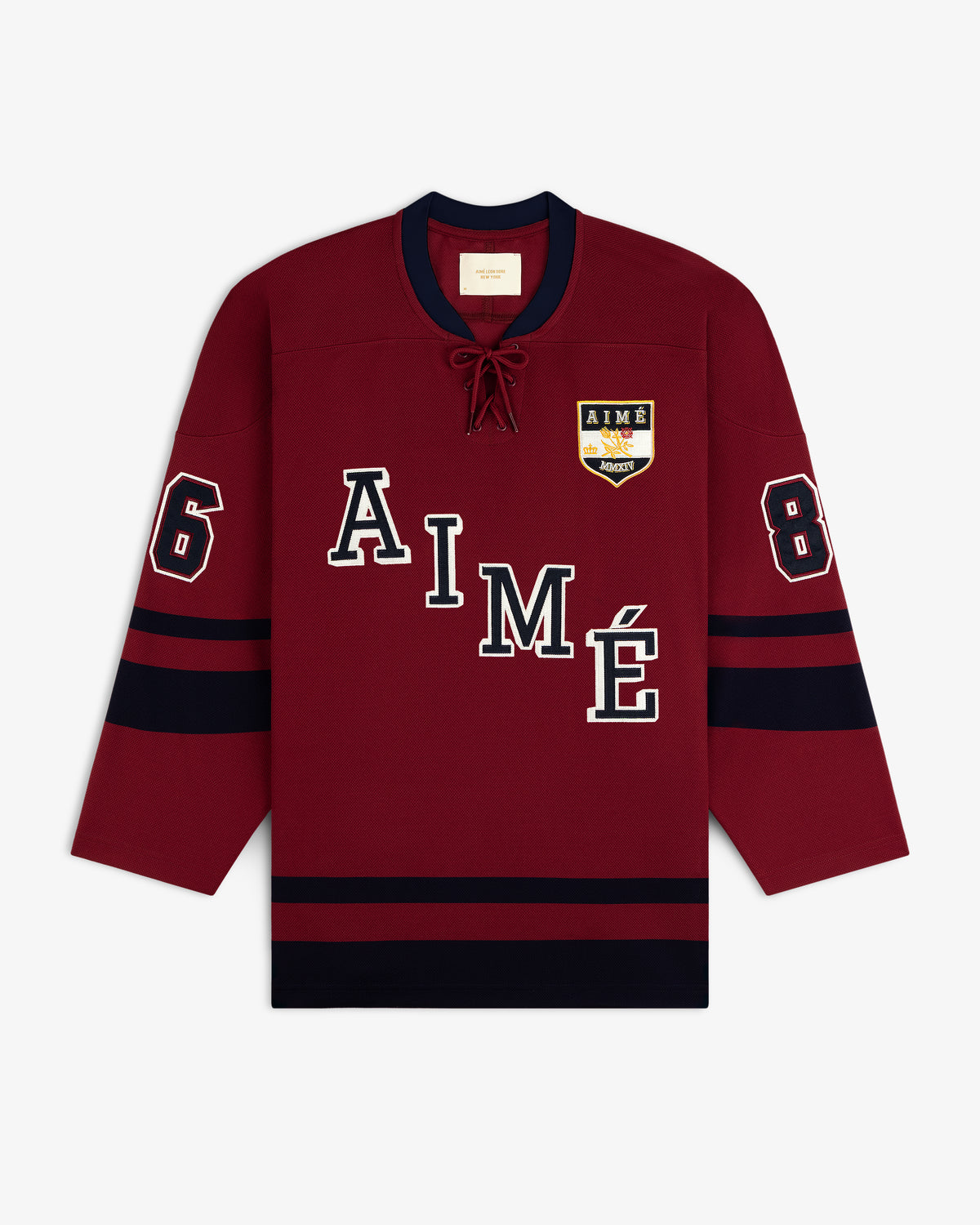 Maroon Team Aimé Hockey Jersey with AIME on the front, the number 8 on the sleeves, and a team crest on the chest.