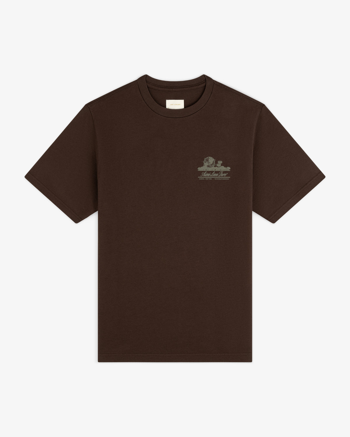Unisphere Tee: Brown short-sleeve t-shirt with small light graphic and text on the left chest.