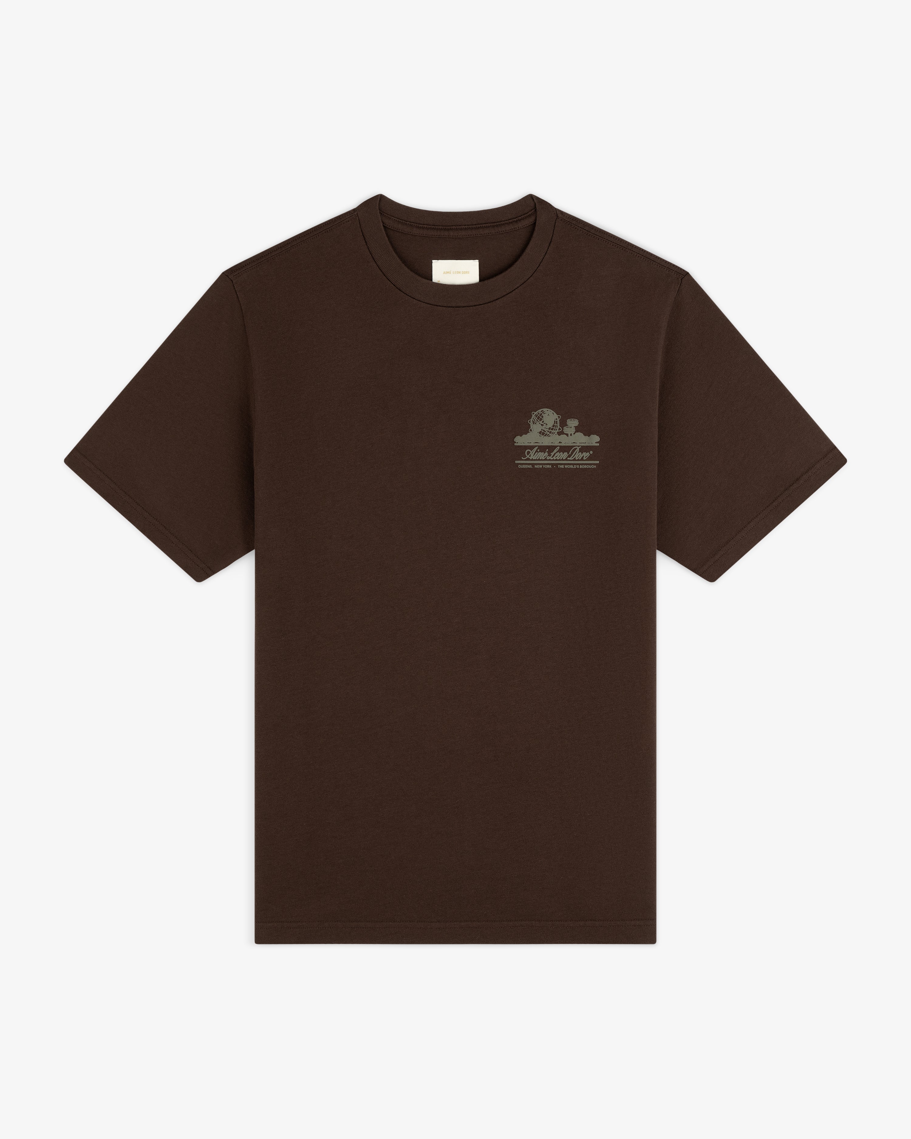 Unisphere Tee: Brown short-sleeve t-shirt with small light graphic and text on the left chest.