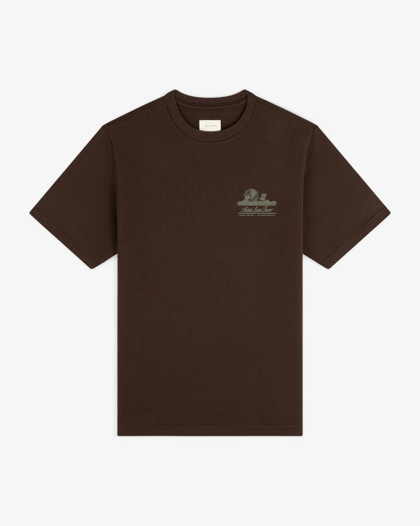 Unisphere Tee: Brown short-sleeve t-shirt with small light graphic and text on the left chest.