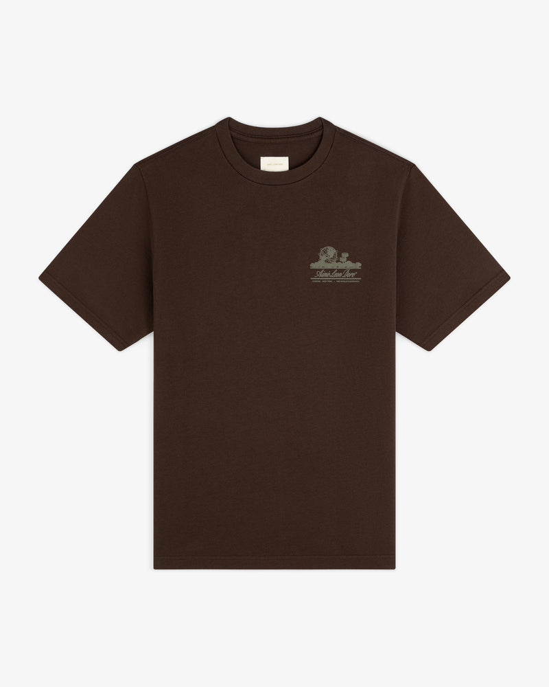 Unisphere Tee: Brown short-sleeve t-shirt with small light graphic and text on the left chest.