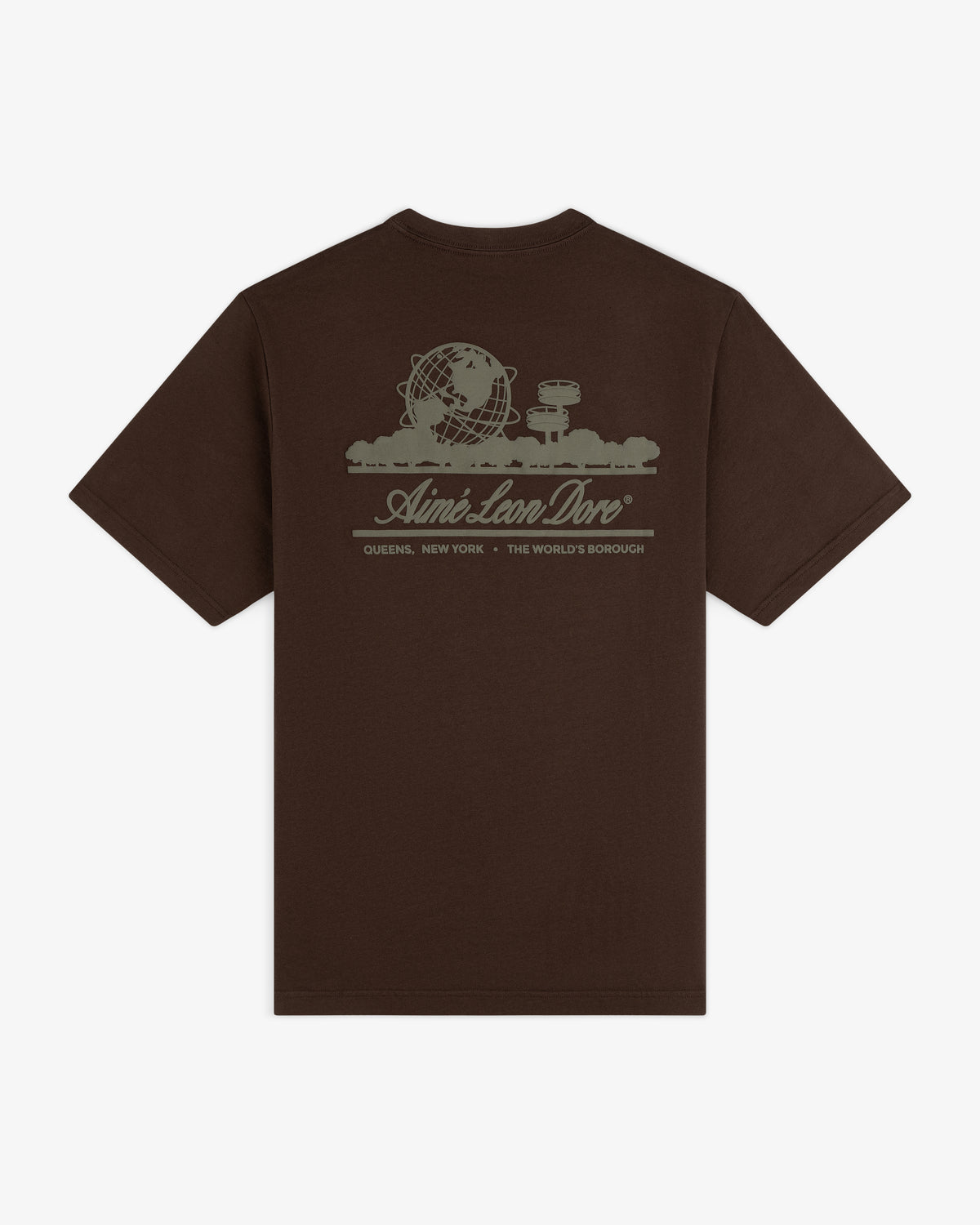 Unisphere Tee: Brown shirt with globe, buildings, and “Aimé Leon Dore Queens, New York The Worlds Borough” graphic.
