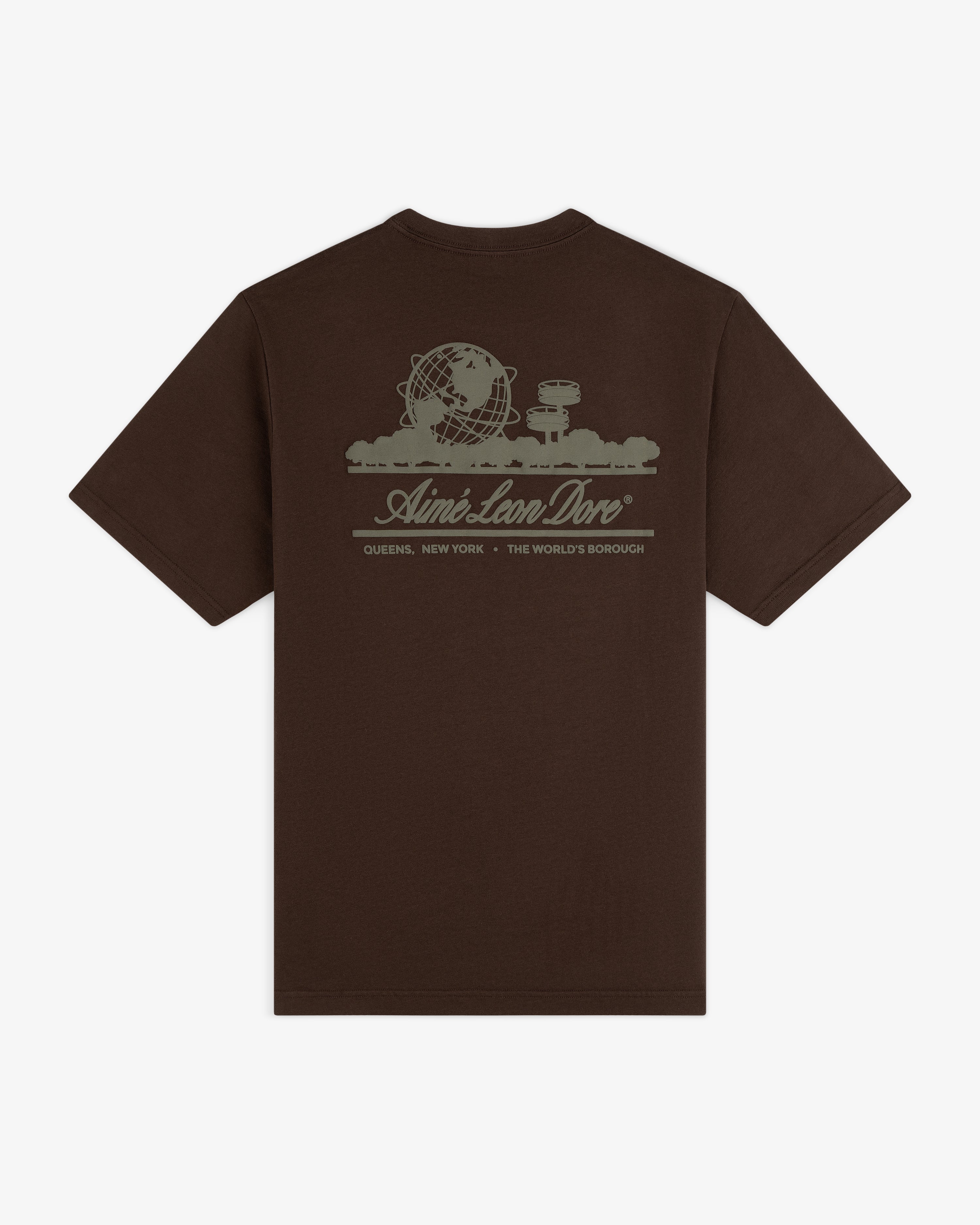 Unisphere Tee: Brown shirt with globe, buildings, and “Aimé Leon Dore Queens, New York The Worlds Borough” graphic.