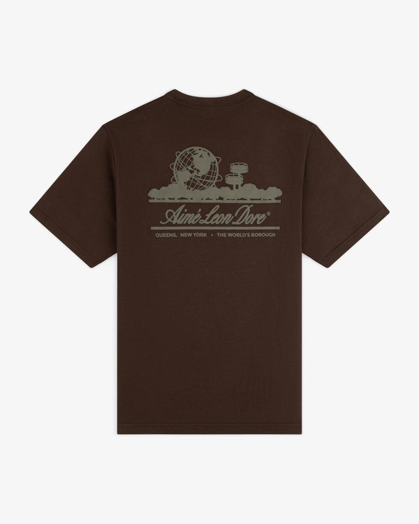 Unisphere Tee: Brown shirt with globe, buildings, and “Aimé Leon Dore Queens, New York The Worlds Borough” graphic.