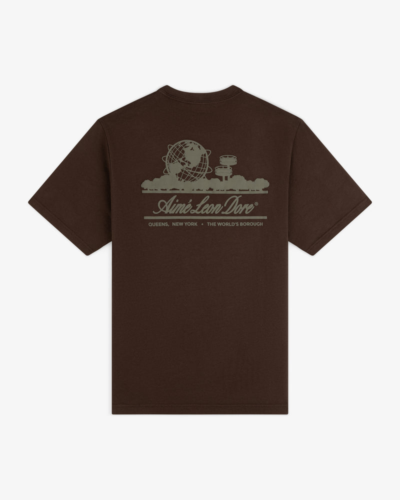 Unisphere Tee: Brown shirt with globe, buildings, and “Aimé Leon Dore Queens, New York The Worlds Borough” graphic.