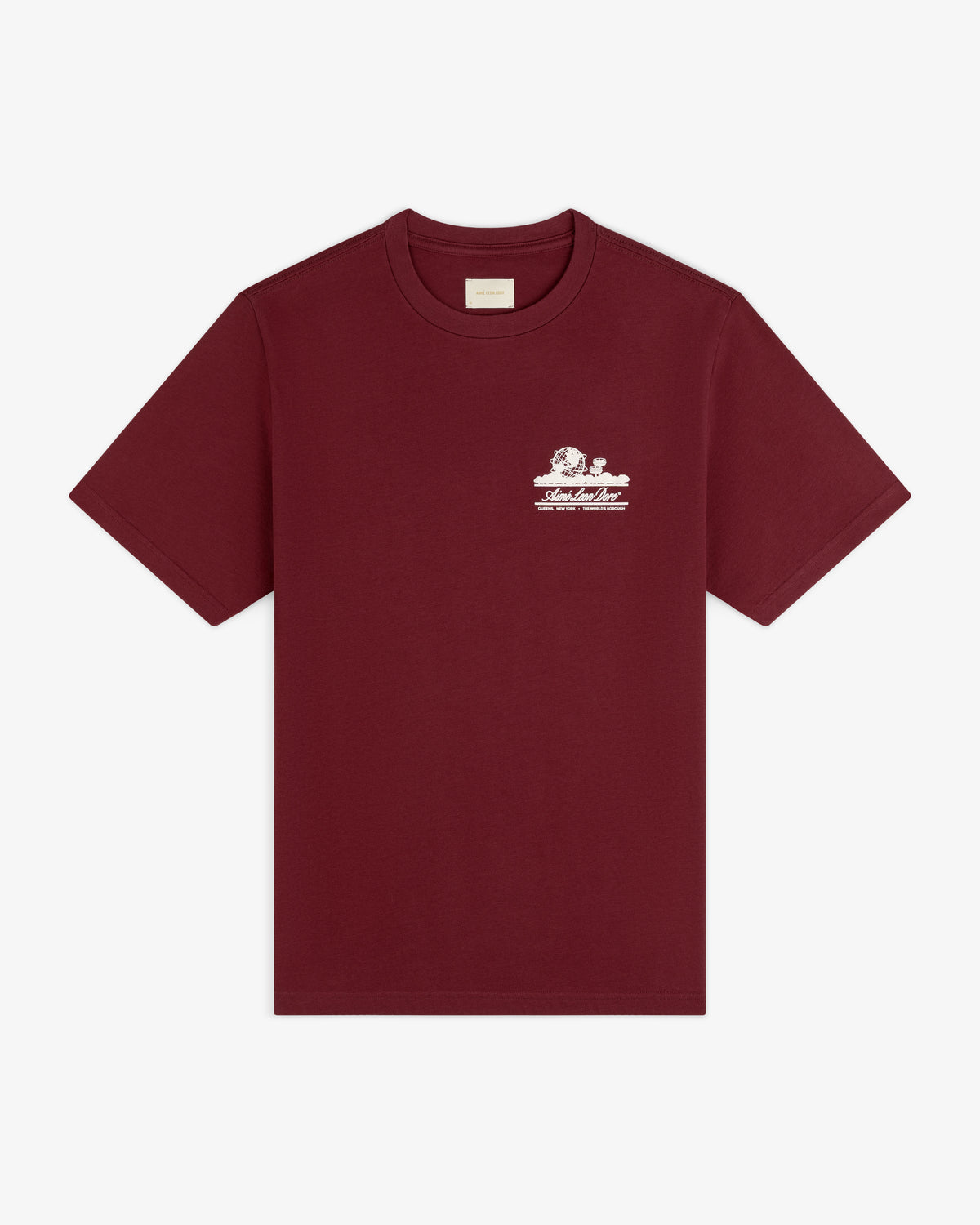 Unisphere Tee: A maroon t-shirt with a small white graphic and text on the left chest.